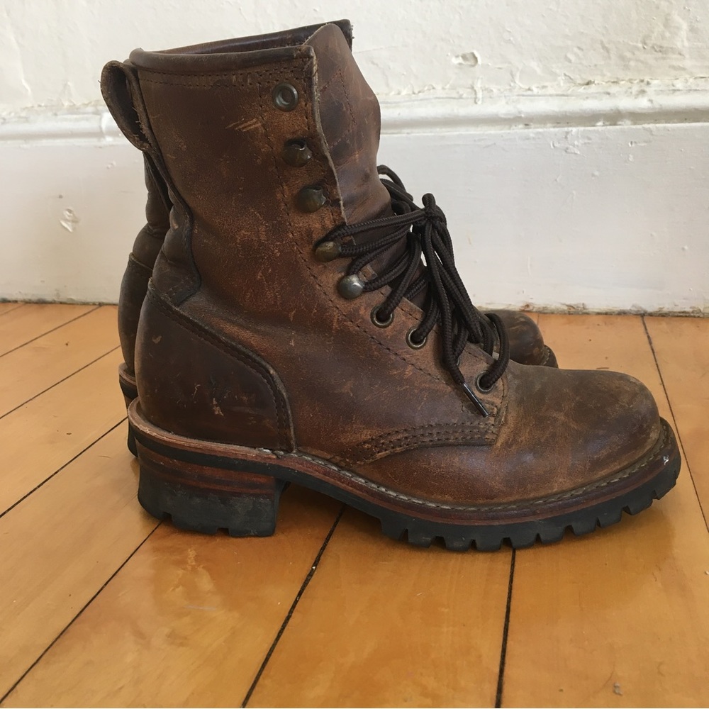 Frye Logger Boots, steel toe, brown leather 7.5
